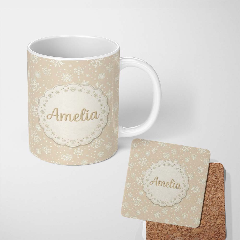Personalized Custom Name Beige Background White Snowflakes Winter Seamless Pattern Custom 11oz Ceramic Coffee Tea Mug White Large Handle