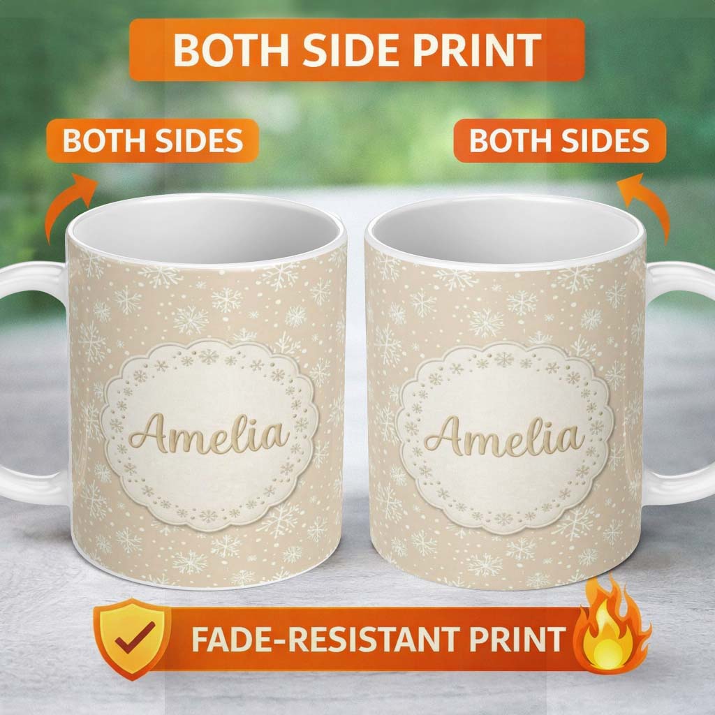 Personalized Custom Name Beige Background White Snowflakes Winter Seamless Pattern Custom 11oz Ceramic Coffee Tea Mug White Large Handle