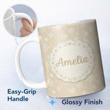 Personalized Custom Name Beige Background White Snowflakes Winter Seamless Pattern Custom 11oz Ceramic Coffee Tea Mug White Large Handle