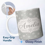 Personalized Custom Name Soft Grey Background Snowflake Dots Winter Seamless Pattern Name 11oz Ceramic Coffee Tea Mug White Large Handle