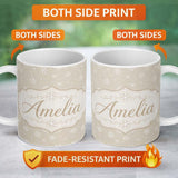 Personalized Custom Name Warm Beige Background Snowflake Scatter Winter Seamless Pattern 11oz Ceramic Coffee Tea Mug White Large Handle