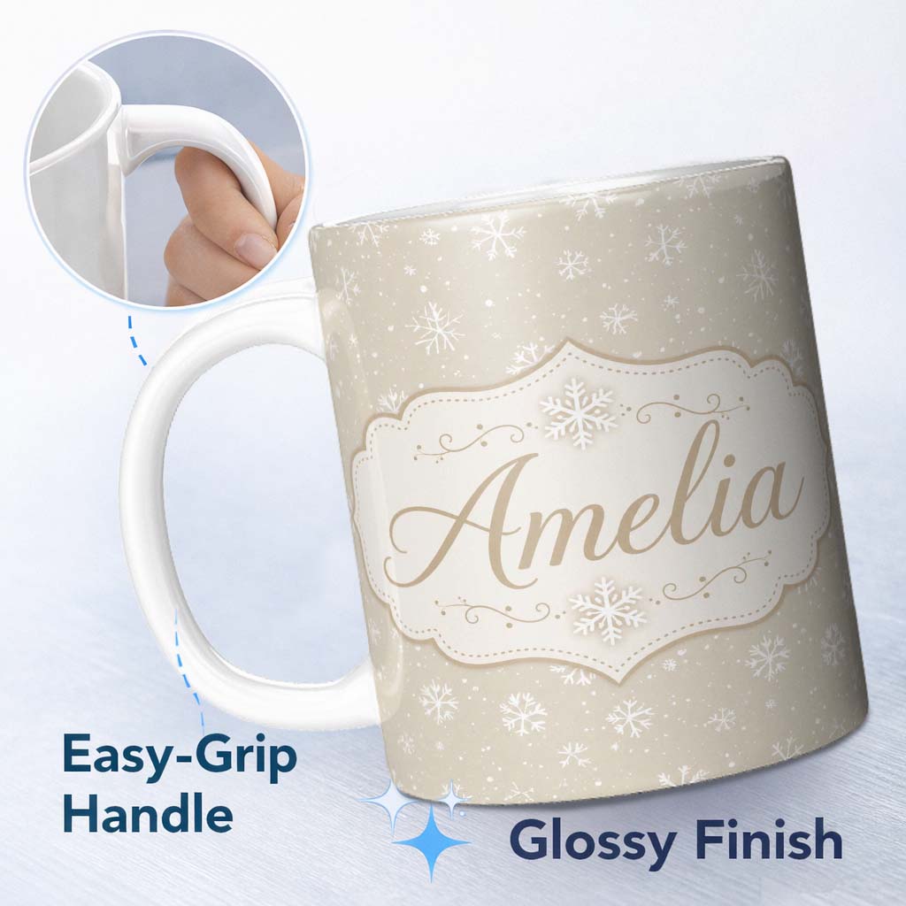 Personalized Custom Name Warm Beige Background Snowflake Scatter Winter Seamless Pattern 11oz Ceramic Coffee Tea Mug White Large Handle