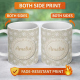 Personalized Custom Name Neutral Beige Background Snowflake Dots Winter Seamless Pattern 11oz Ceramic Coffee Tea Mug White Large Handle