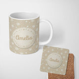 Personalized Custom Name Classic Beige Background Large Snowflake Winter Seamless Pattern 11oz Ceramic Coffee Tea Mug White Large Handle