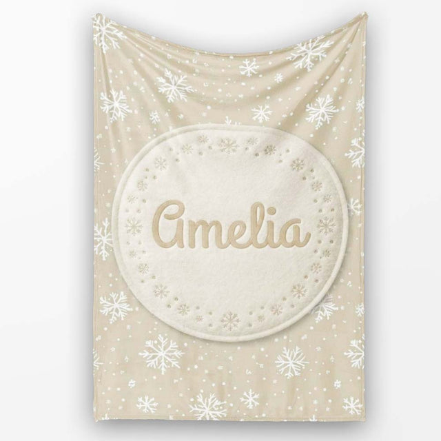 Classic Beige Background Large Snowflake Winter Seamless Pattern  Personalised Custom Name Super Soft Fleece Blanket Bed Sofa Throw