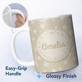 Personalized Custom Name Classic Beige Background Large Snowflake Winter Seamless Pattern 11oz Ceramic Coffee Tea Mug White Large Handle