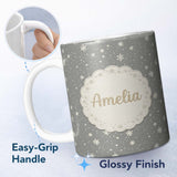 Personalized Custom Name Dark Grey Background Snowflake Scatter Winter Seamless Pattern Name 11oz Ceramic Coffee Tea Mug White Large Handle