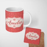Personalized Custom Name Red Background White Snowflakes Falling Winter Seamless Pattern 11oz Ceramic Coffee Tea Mug White Large Handle