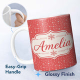 Personalized Custom Name Red Background White Snowflakes Falling Winter Seamless Pattern 11oz Ceramic Coffee Tea Mug White Large Handle