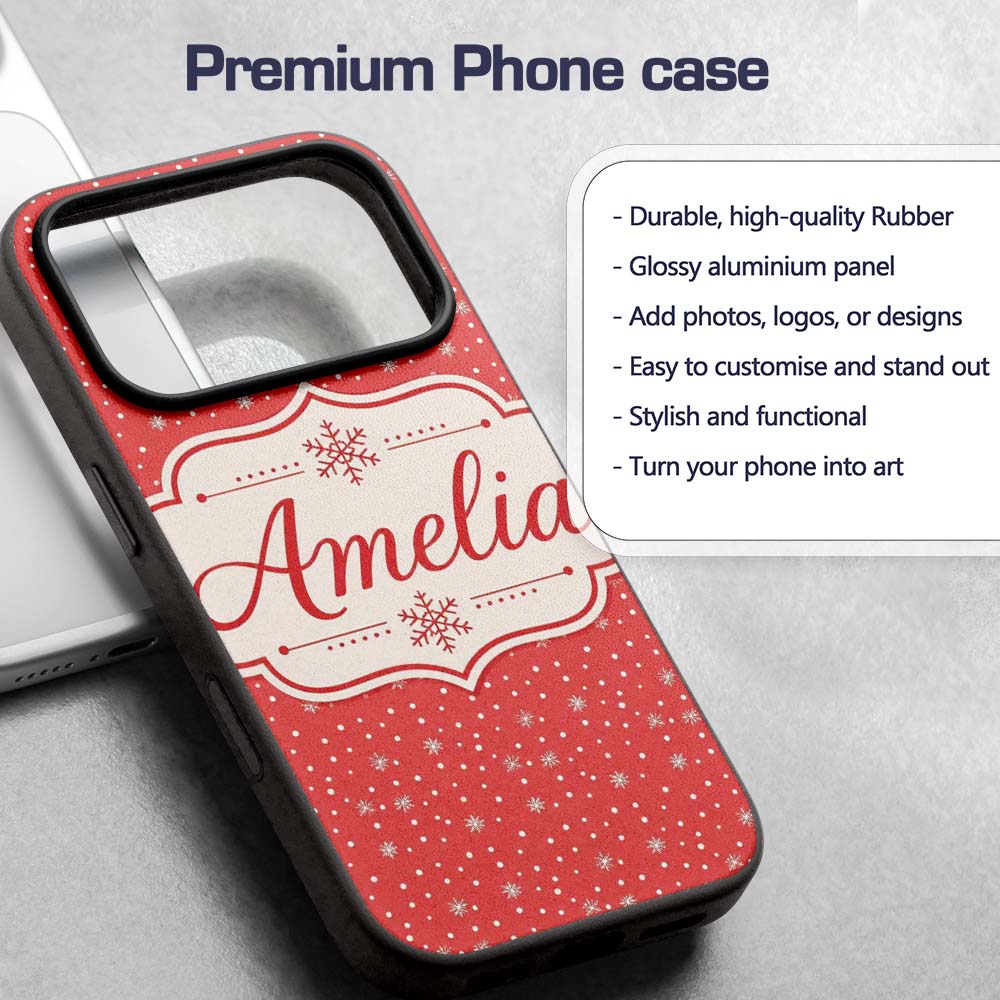Red Background White Snowflakes Falling Winter Custom Name Protective Phone Case Mobile Cover Durable Everyday Smartphone Shock Resistant
