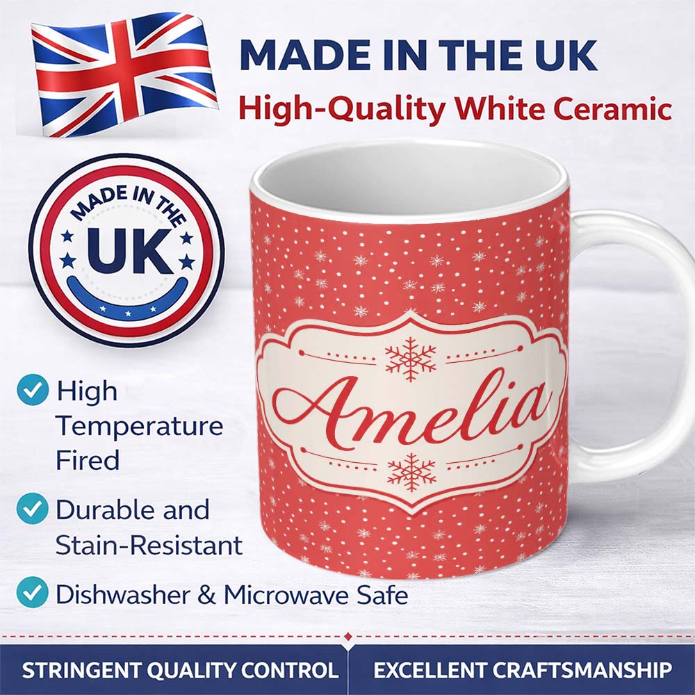 Personalized Custom Name Red Background White Snowflakes Falling Winter Seamless Pattern 11oz Ceramic Coffee Tea Mug White Large Handle