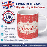 Personalized Custom Name Red Background White Snowflakes Falling Winter Seamless Pattern 11oz Ceramic Coffee Tea Mug White Large Handle
