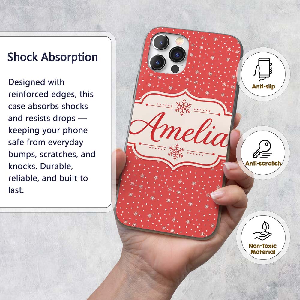 Red Background White Snowflakes Falling Winter Custom Name Protective Phone Case Mobile Cover Durable Everyday Smartphone Shock Resistant