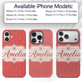 Red Background White Snowflakes Falling Winter Custom Name Protective Phone Case Mobile Cover Durable Everyday Smartphone Shock Resistant
