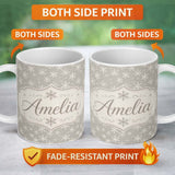 Personalized Custom Name Grey Background Large White Snowflakes Winter Seamless Pattern Name 11oz Ceramic Coffee Tea Mug White Large Handle