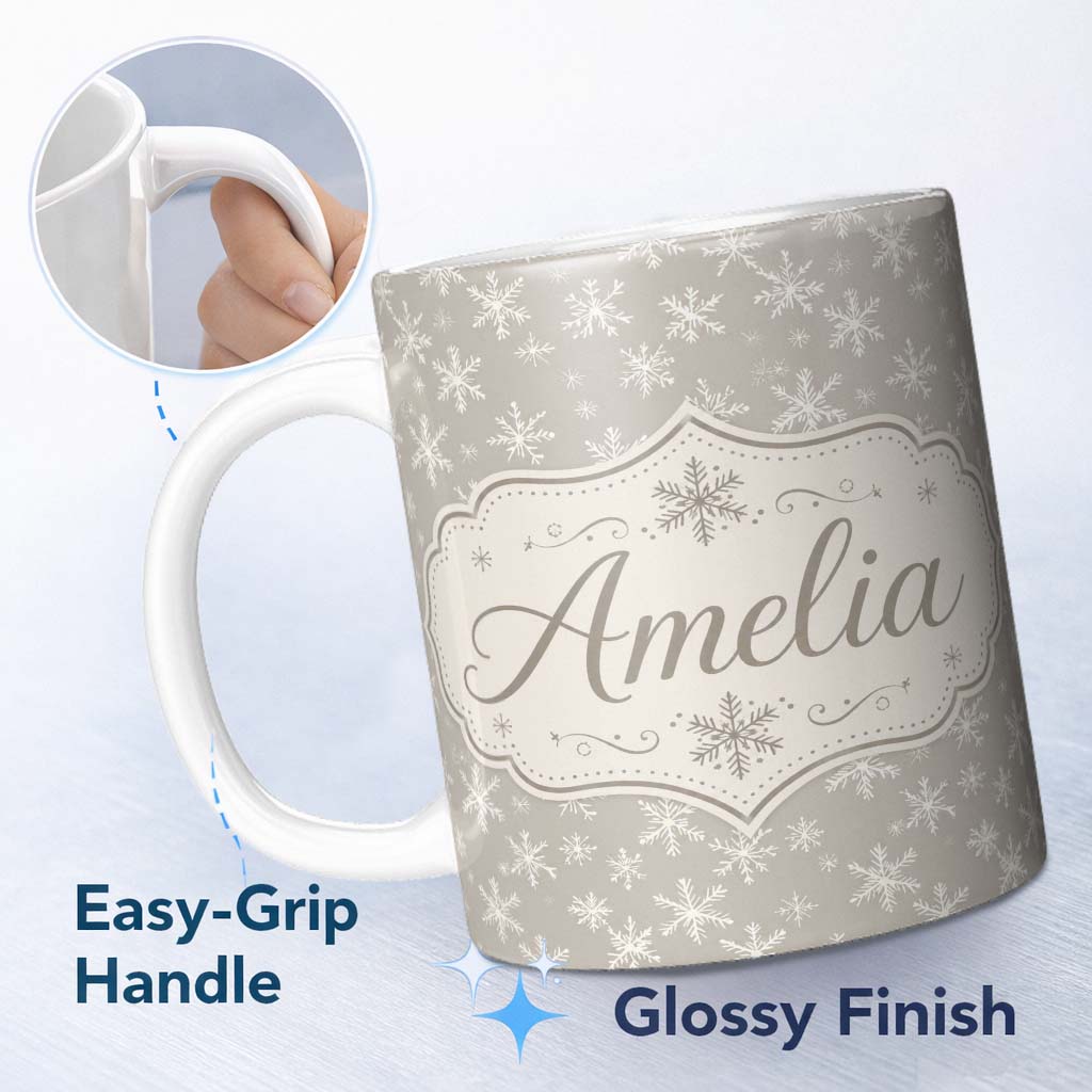 Personalized Custom Name Grey Background Large White Snowflakes Winter Seamless Pattern Name 11oz Ceramic Coffee Tea Mug White Large Handle