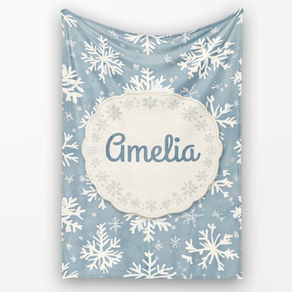 Blue Background Large Snowflake Winter Seamless Pattern Name Cute  Personalised Custom Name Super Soft Fleece Blanket Bed Sofa Throw