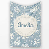 Blue Background Large Snowflake Winter Seamless Pattern Name Cute  Personalised Custom Name Super Soft Fleece Blanket Bed Sofa Throw