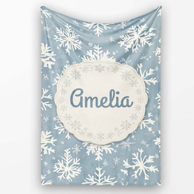 Blue Background Large Snowflake Winter Seamless Pattern Name Cute  Personalised Custom Name Super Soft Fleece Blanket Bed Sofa Throw