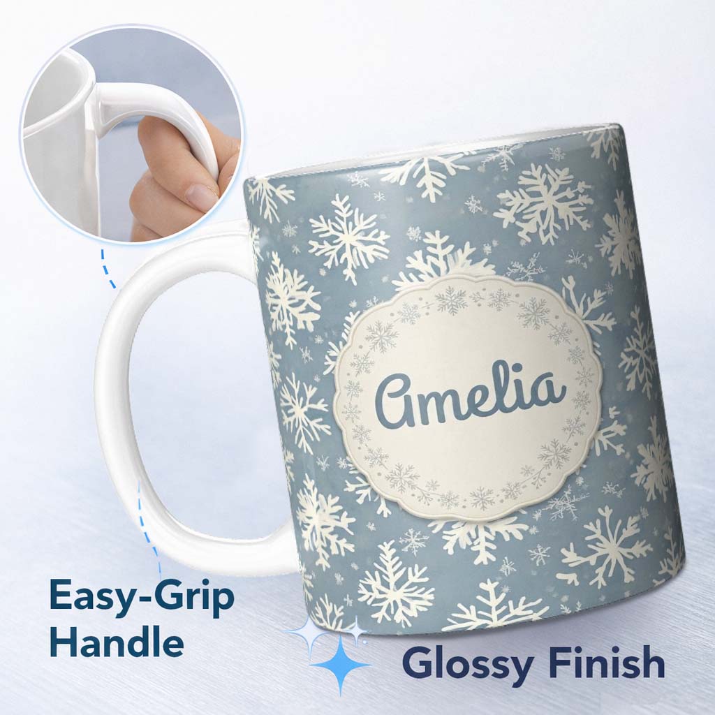 Personalized Custom Name Blue Background Large Snowflake Winter Seamless Pattern Name Cute 11oz Ceramic Coffee Tea Mug White Large Handle