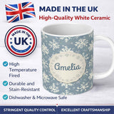 Personalized Custom Name Blue Background Large Snowflake Winter Seamless Pattern Name Cute 11oz Ceramic Coffee Tea Mug White Large Handle