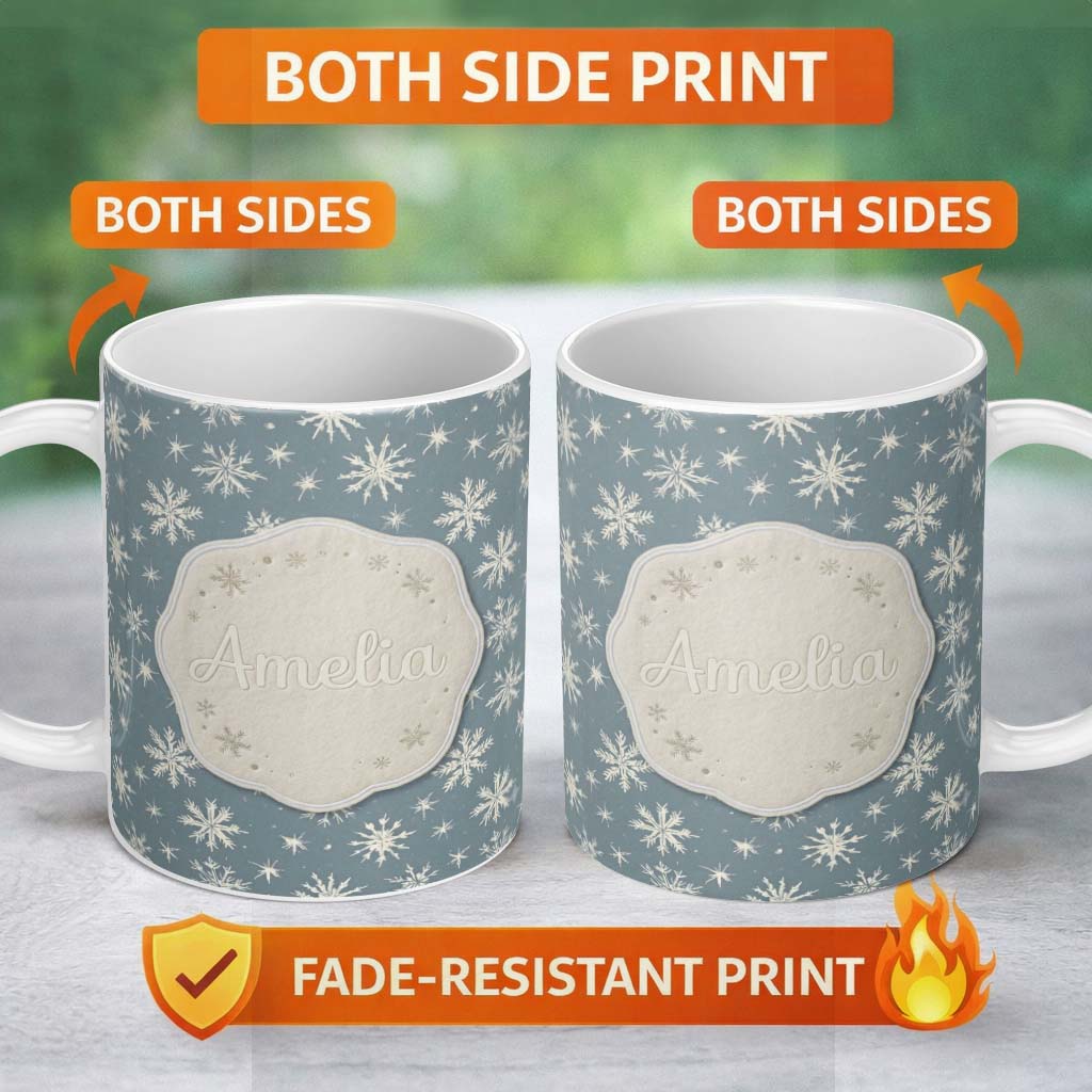 Personalized Custom Name Blue Background Snowflake Star Winter Seamless Pattern Name Cute 11oz Ceramic Coffee Tea Mug White Large Handle