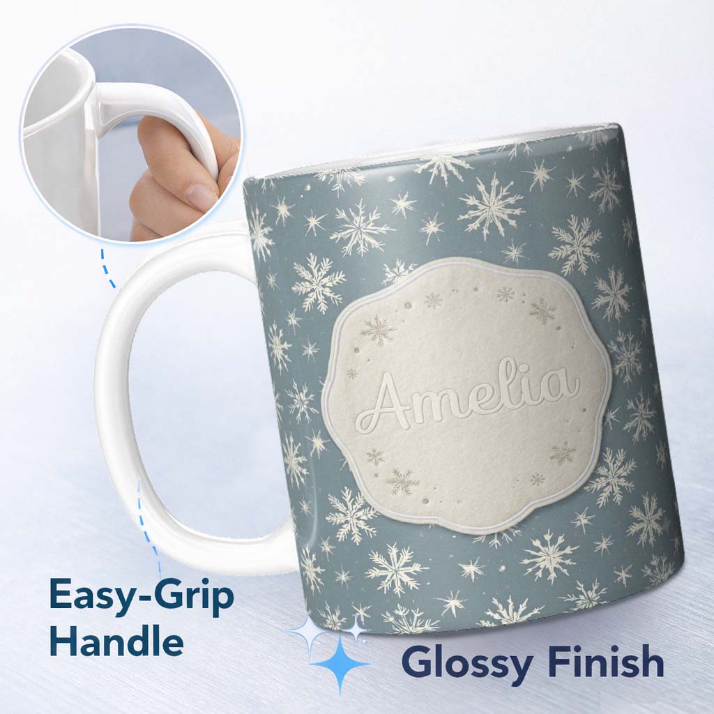 Personalized Custom Name Blue Background Snowflake Star Winter Seamless Pattern Name Cute 11oz Ceramic Coffee Tea Mug White Large Handle