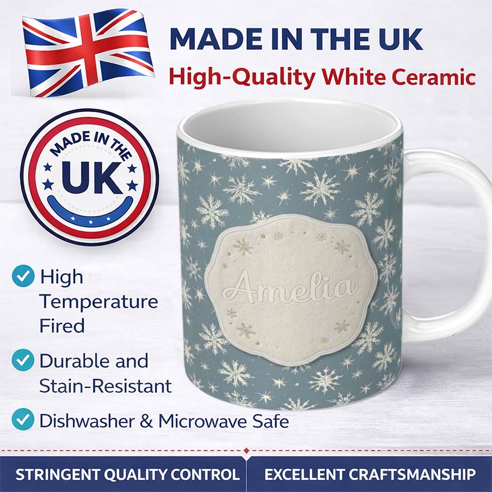 Personalized Custom Name Blue Background Snowflake Star Winter Seamless Pattern Name Cute 11oz Ceramic Coffee Tea Mug White Large Handle