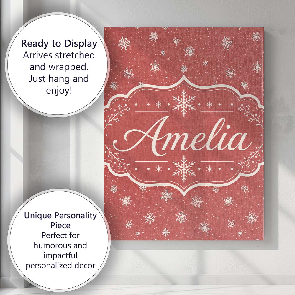 Personalised Name Red Background Snowflake Custom  Unique Gift Idea Elegant Feature Canvas Wall Art Print Decor Picture Ready to Hang