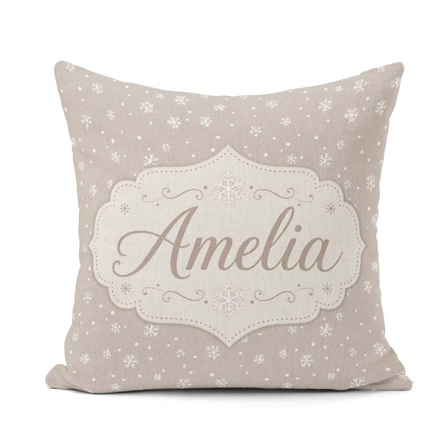 Custom Name Neutral Background Small Snowflakes Seamless Pattern Square Filled Cushion Throw Pillow Sofa Bed Home Decor Zip Washable UK Made