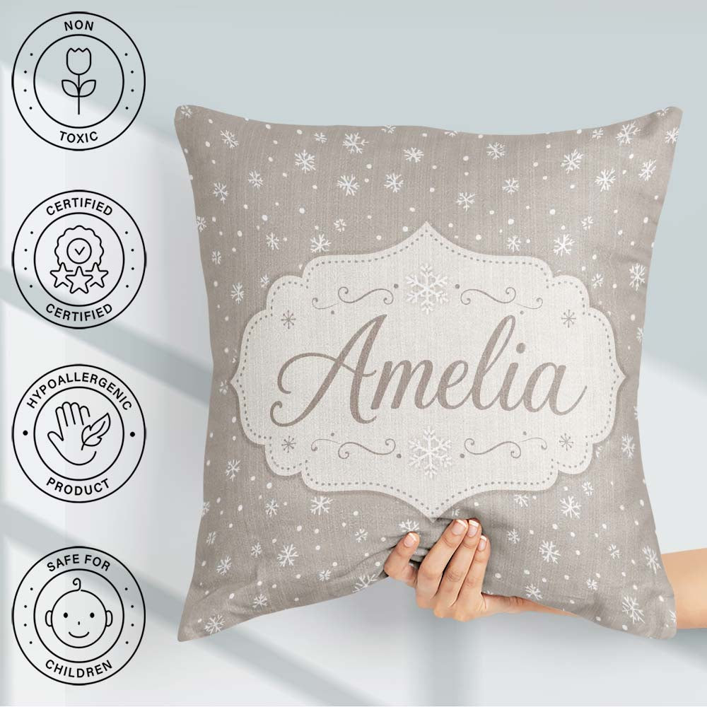 Custom Name Neutral Background Small Snowflakes Seamless Pattern Square Filled Cushion Throw Pillow Sofa Bed Home Decor Zip Washable UK Made