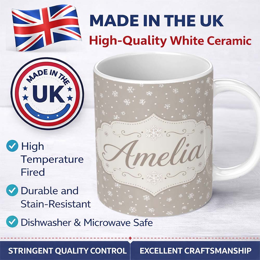 Personalized Custom Name Neutral Grey Background Small Snowflakes Winter Seamless Pattern 11oz Ceramic Coffee Tea Mug White Large Handle