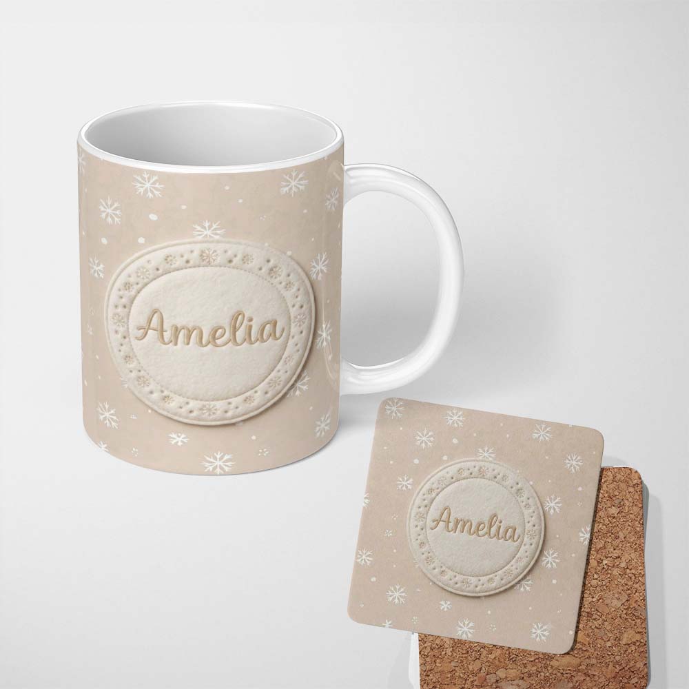 Personalized Custom Name Beige Background Minimal Snowflake Winter Seamless Pattern Name Cute 11oz Ceramic Coffee Tea Mug White Large Handle