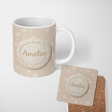 Personalized Custom Name Beige Background Minimal Snowflake Winter Seamless Pattern Name Cute 11oz Ceramic Coffee Tea Mug White Large Handle