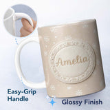 Personalized Custom Name Beige Background Minimal Snowflake Winter Seamless Pattern Name Cute 11oz Ceramic Coffee Tea Mug White Large Handle
