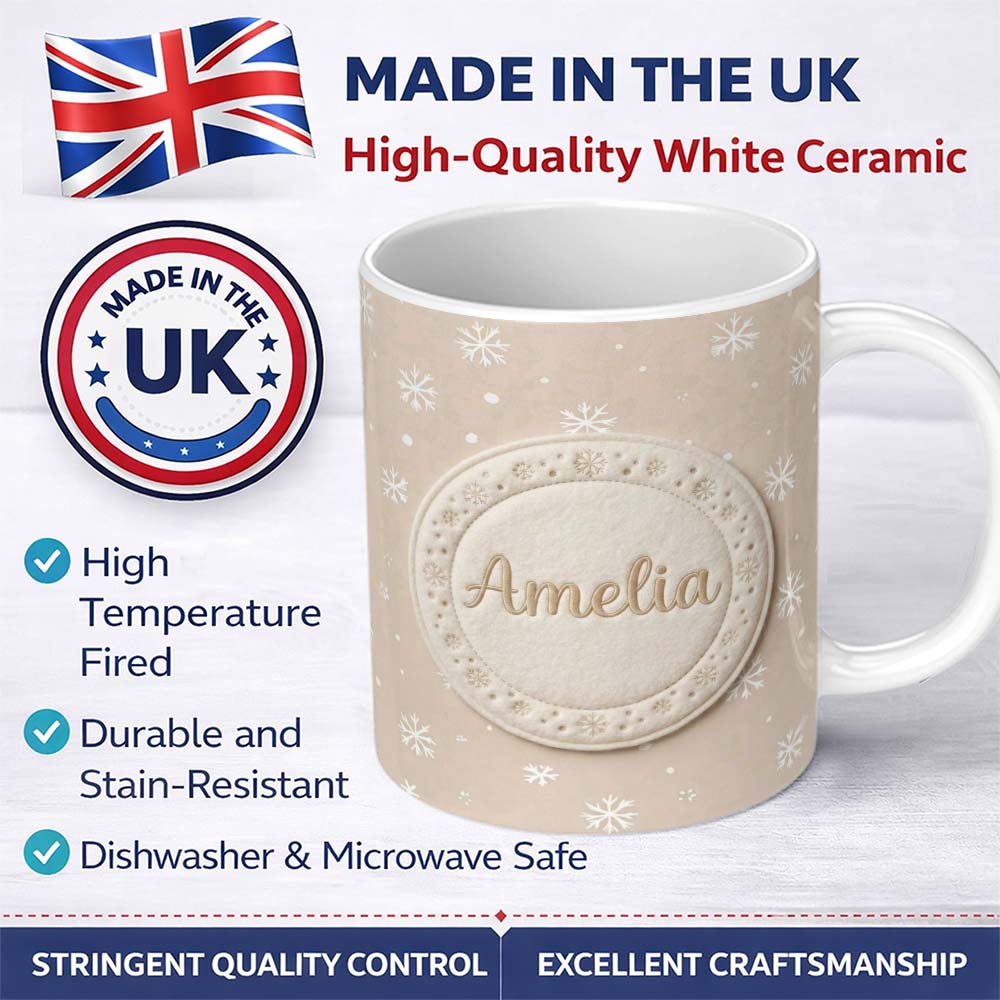 Personalized Custom Name Beige Background Minimal Snowflake Winter Seamless Pattern Name Cute 11oz Ceramic Coffee Tea Mug White Large Handle