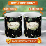 Personalized Custom Name Watercolour Forest Trees Mushrooms Sun Moon and Stars Woodland 11oz Ceramic Coffee Tea Mug White Large Handle