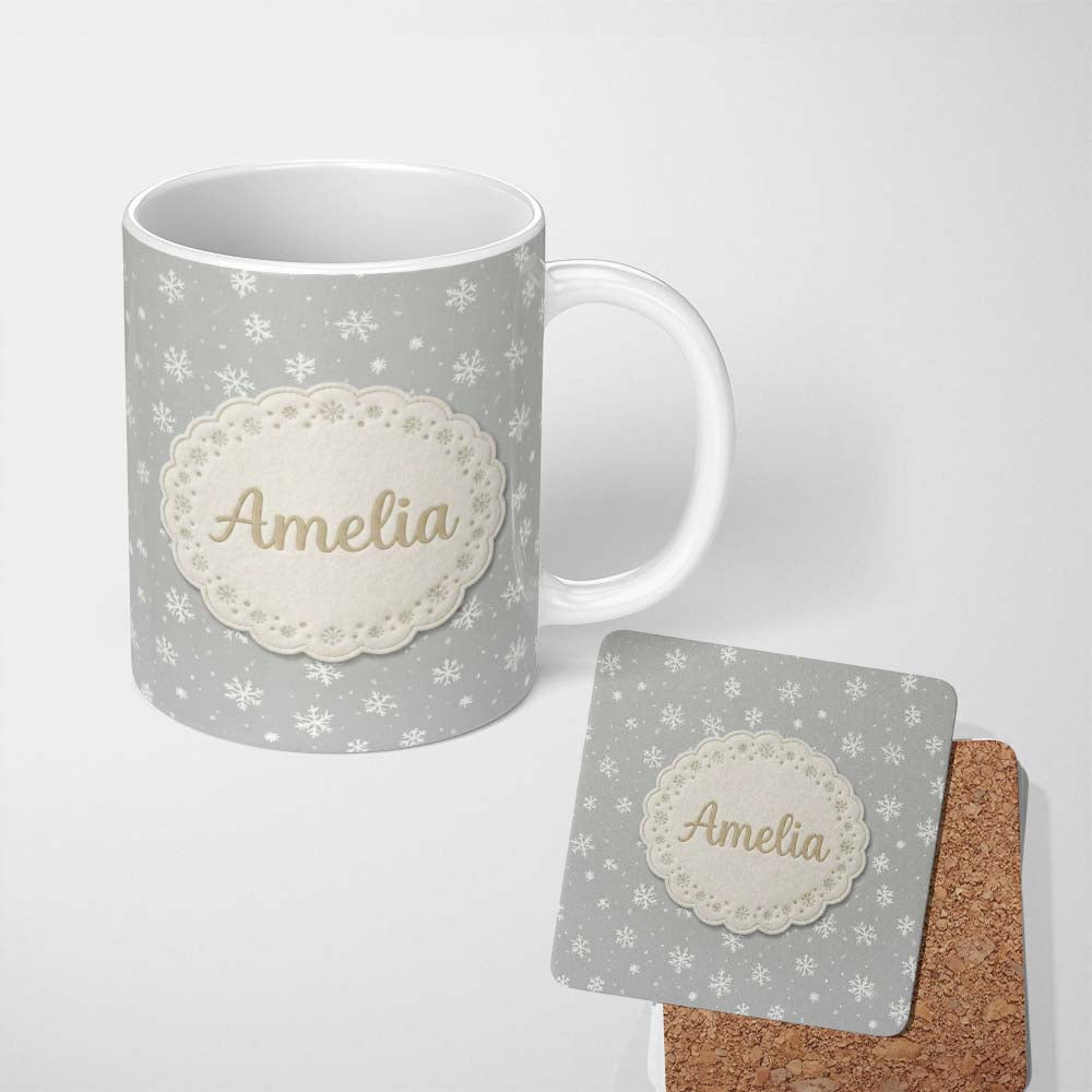Personalized Custom Name Light Grey Background Snowflake Scatter Winter Seamless Pattern 11oz Ceramic Coffee Tea Mug White Large Handle