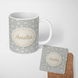 Personalized Custom Name Light Grey Background Snowflake Scatter Winter Seamless Pattern 11oz Ceramic Coffee Tea Mug White Large Handle