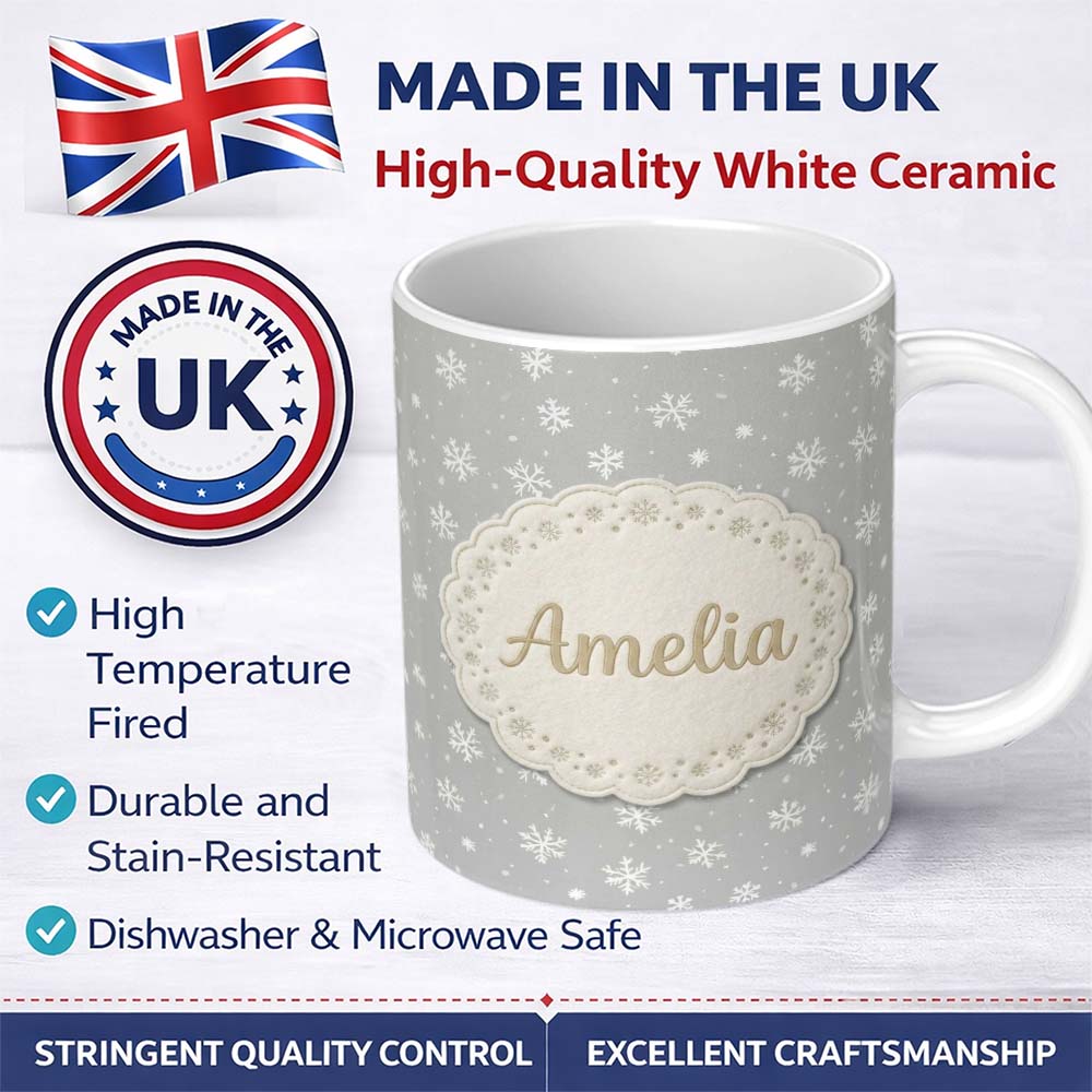 Personalized Custom Name Light Grey Background Snowflake Scatter Winter Seamless Pattern 11oz Ceramic Coffee Tea Mug White Large Handle