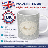 Personalized Custom Name Light Grey Background Snowflake Scatter Winter Seamless Pattern 11oz Ceramic Coffee Tea Mug White Large Handle