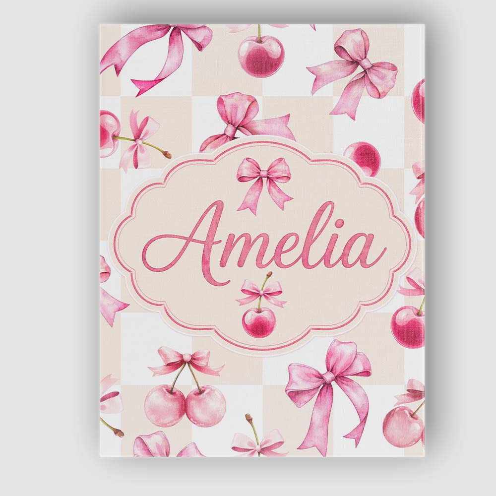 Personalised Name Watercolor Cherry Bow Ribbon Neutral Beige Gingham Custom  Home Canvas Wall Art Print Decor Picture Ready to Hang