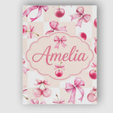 Personalised Name Watercolor Cherry Bow Ribbon Neutral Beige Gingham Custom  Home Canvas Wall Art Print Decor Picture Ready to Hang