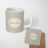 Personalized Custom Name Neutral Beige Star Snowflake Winter Seamless Pattern Name Cute 11oz Ceramic Coffee Tea Mug White Large Handle