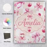 Personalised Name Watercolor Cherry Bow Ribbon Neutral Beige Gingham Custom  Home Canvas Wall Art Print Decor Picture Ready to Hang