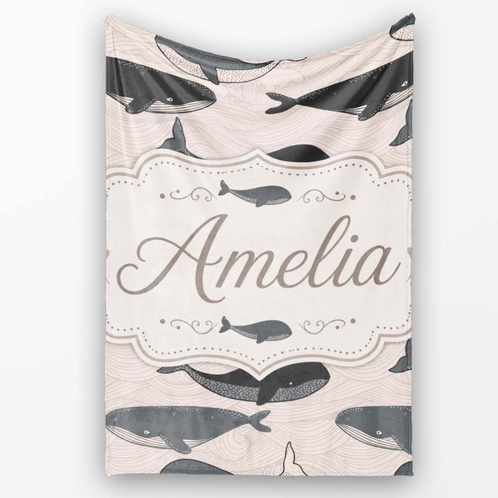 Cute Whale Ocean Waves Seamless Pattern Name Unique Gift Lovely  Personalised Custom Name Super Soft Fleece Blanket Bed Sofa Throw