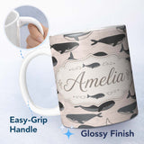 Personalized Custom Name Cute Whale Ocean Waves Seamless Pattern Name Unique Gift Lovely 11oz Ceramic Coffee Tea Mug White Large Handle