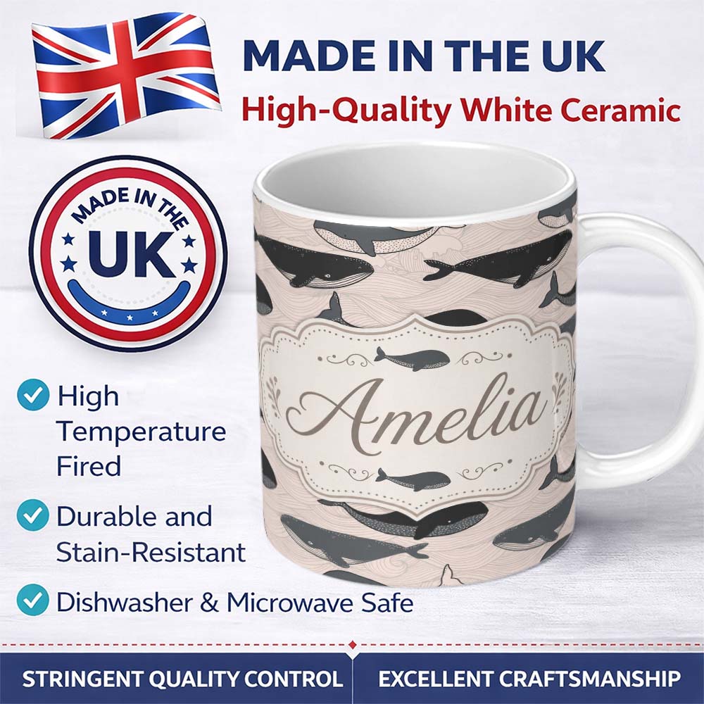 Personalized Custom Name Cute Whale Ocean Waves Seamless Pattern Name Unique Gift Lovely 11oz Ceramic Coffee Tea Mug White Large Handle