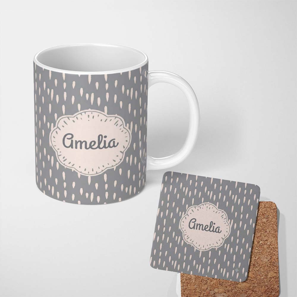 Personalized Custom Name Grey Background Minimal Abstract Brush Marks Seamless Pattern Name 11oz Ceramic Coffee Tea Mug White Large Handle