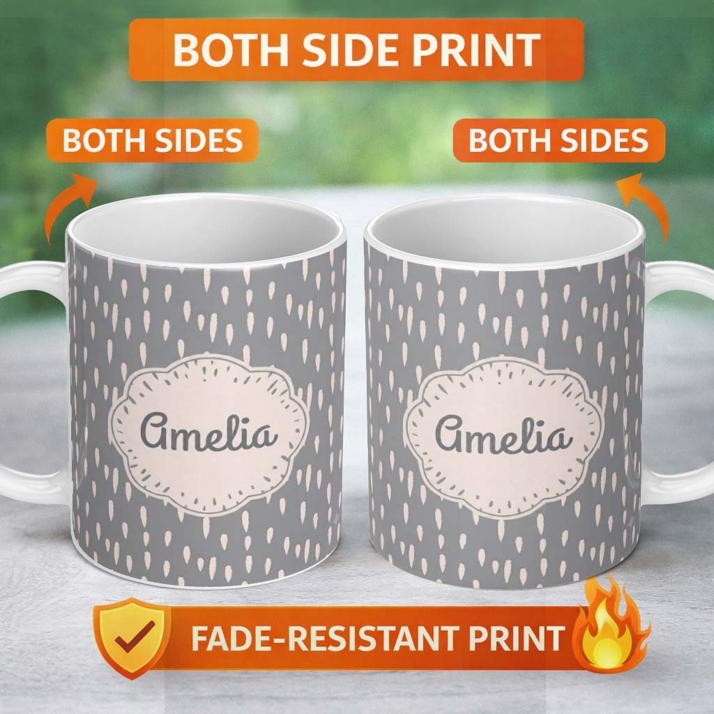 Personalized Custom Name Grey Background Minimal Abstract Brush Marks Seamless Pattern Name 11oz Ceramic Coffee Tea Mug White Large Handle